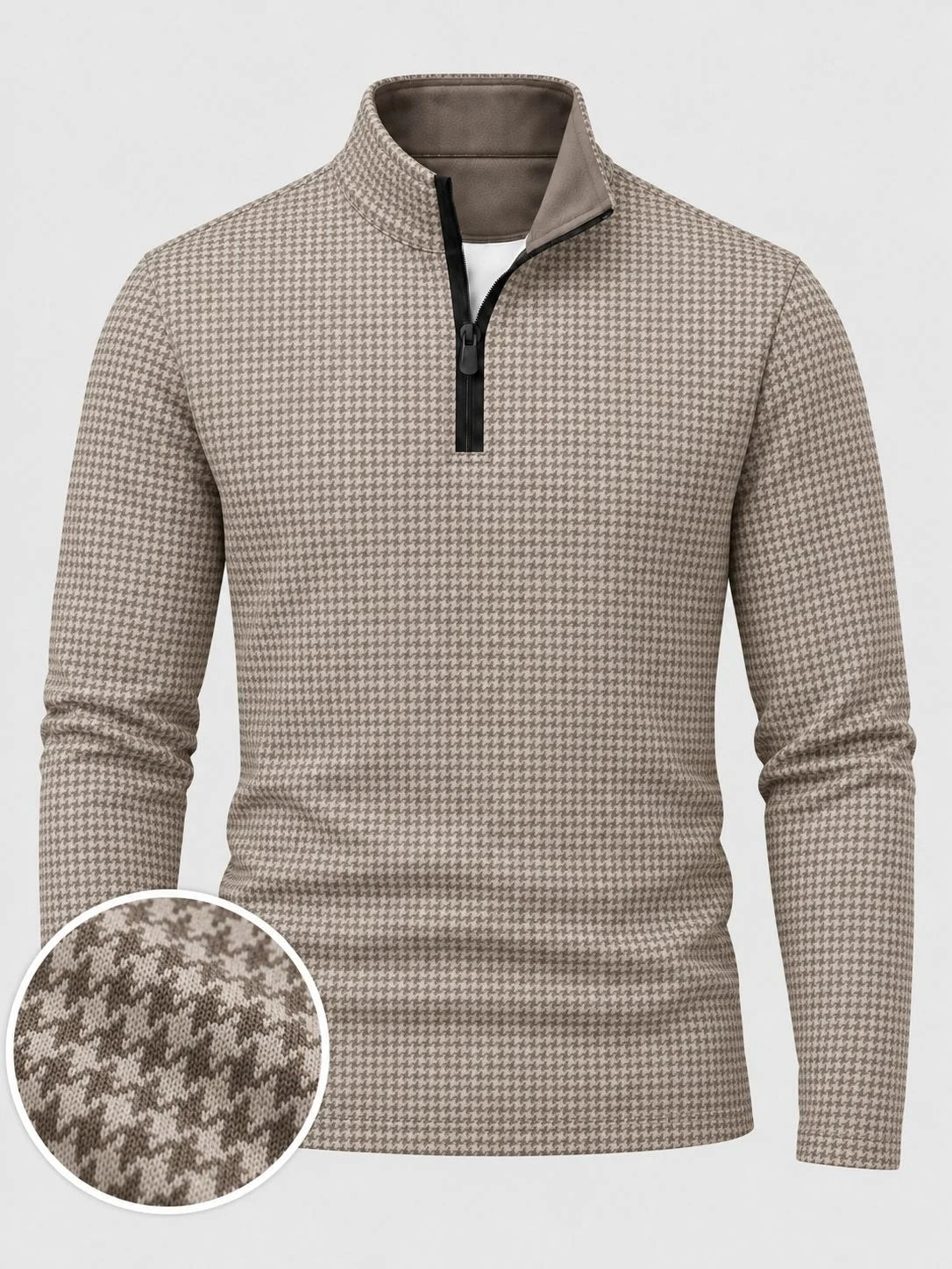 Klassischer Golfpullover für Herren in Taupe mit Hahnentrittmuster und Viertelreißverschluss