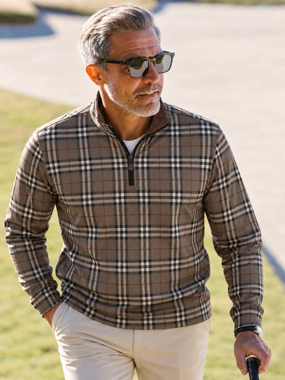 Golf-Pullover mit Karomuster in Taupe, Anthrazit und Rostbraun und Viertelreißverschluss