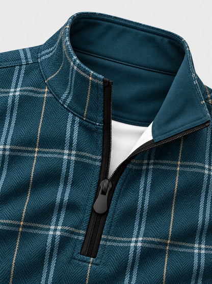 Golf-Pullover mit Viertelreißverschluss und Fischgrätmuster in tiefem Petrolgrün