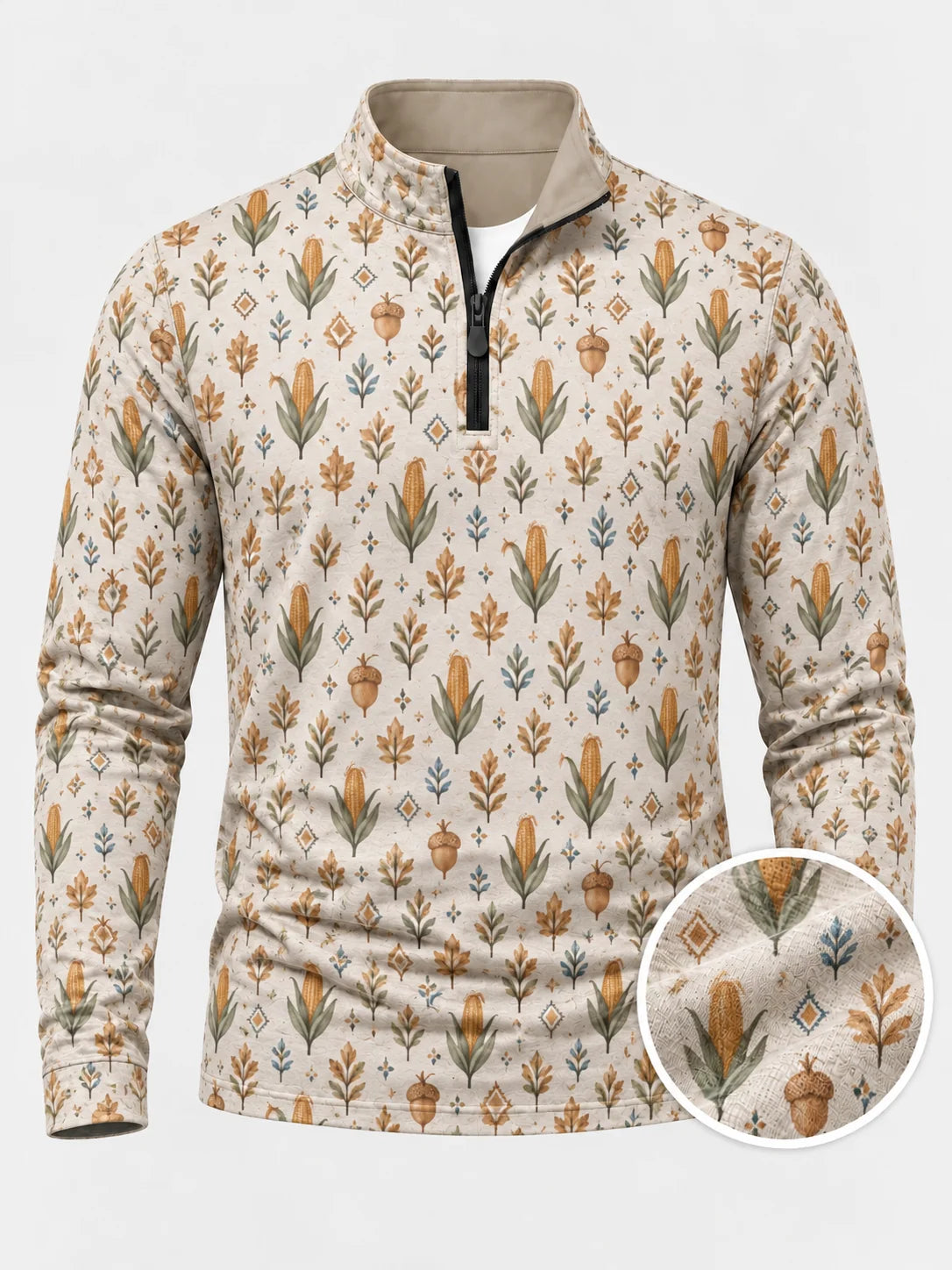 Performance-Golfpullover in Creme mit Erntemotiv und Viertelreißverschluss