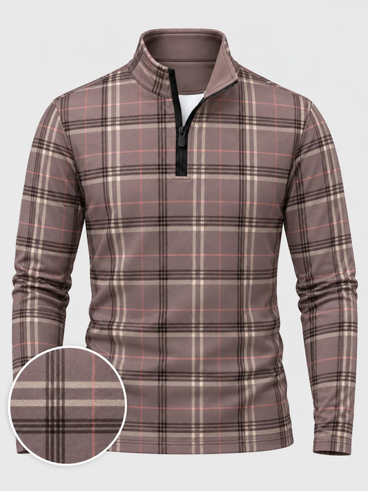Golf-Pullover in Mauve mit Karomuster und kurzem Reißverschluss