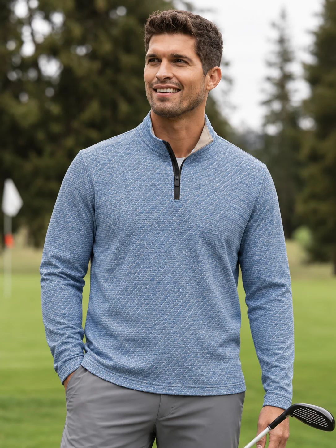 Küstenblauer Performance-Quarter-Zip-Pullover mit strukturierter Oberfläche