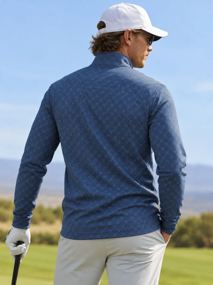 Staubblauer Golf-Pullover aus Funktionsmaterial mit Rautengittermuster und Viertelreißverschluss