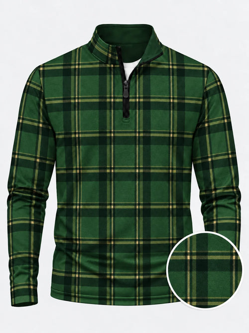 Waldgrüner Golf-Pullover mit Tartan-Karomuster und Viertelreißverschluss – Performance-Style