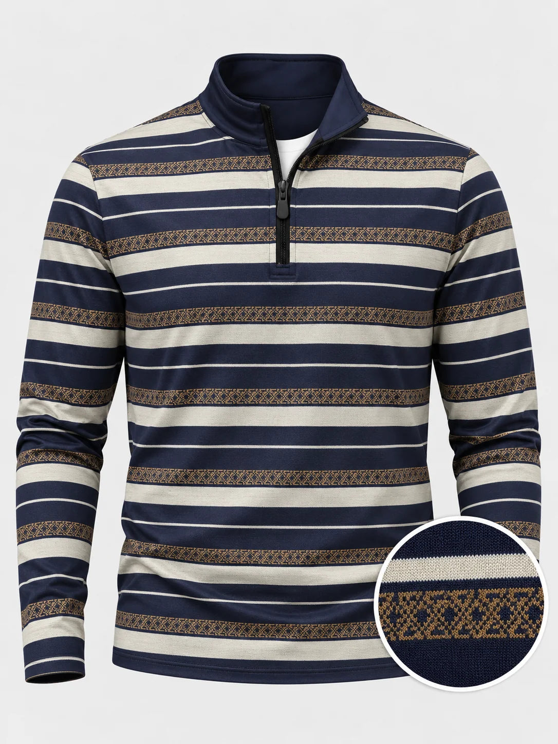 Marineblauer Golf-Pullover mit elfenbeinfarbenem und goldenem Streifenmuster und Viertelreißverschluss aus Funktionsmaterial