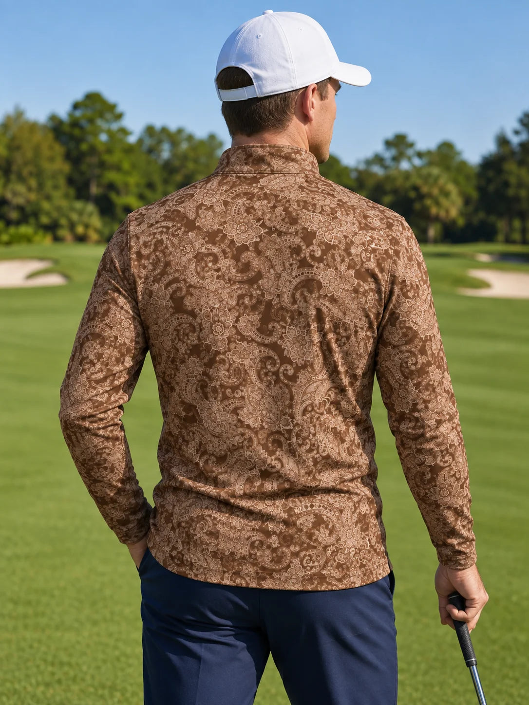 Mokkabrauner Performance-Quarter-Zip-Pullover mit Heritage-Paisley-Muster
