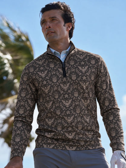 Anthrazitgrauer Golf-Pullover mit Adlerwappen- und Lorbeerkranzmuster und Viertelreißverschluss